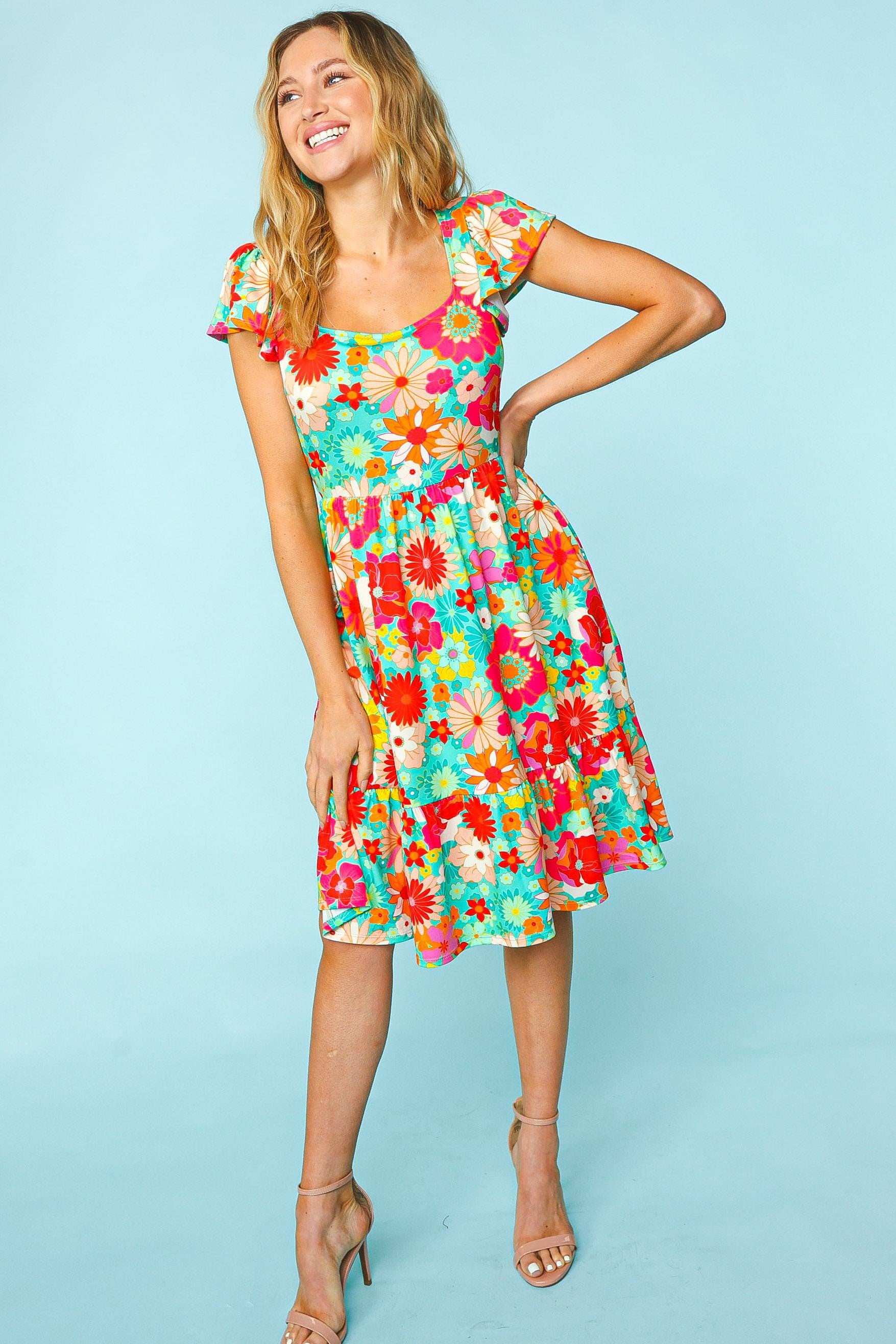 Haptics Floral Square Neck Short Sleeve Dress - NeoKira Unlimited
