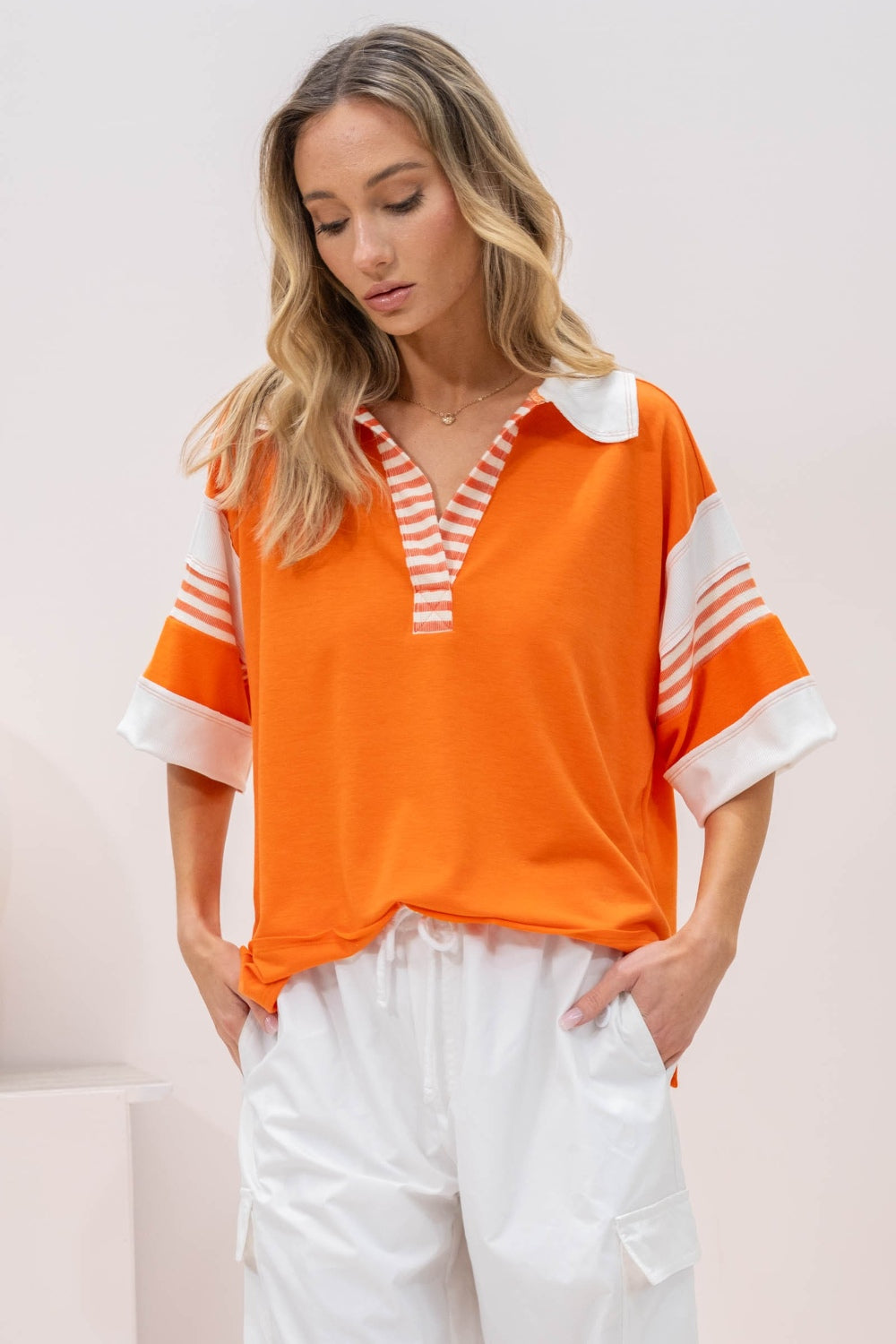 Hailey & Co Full Size Contrast Stripe Polo Shirt Top Trendsi   