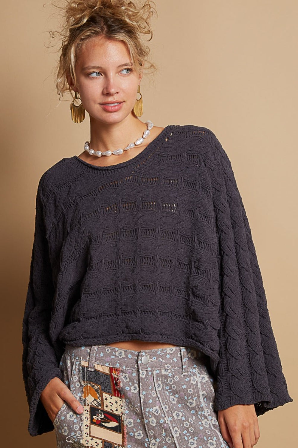 POL Round Neck Cable Knit Cropped Sweater - NeoKira Unlimited