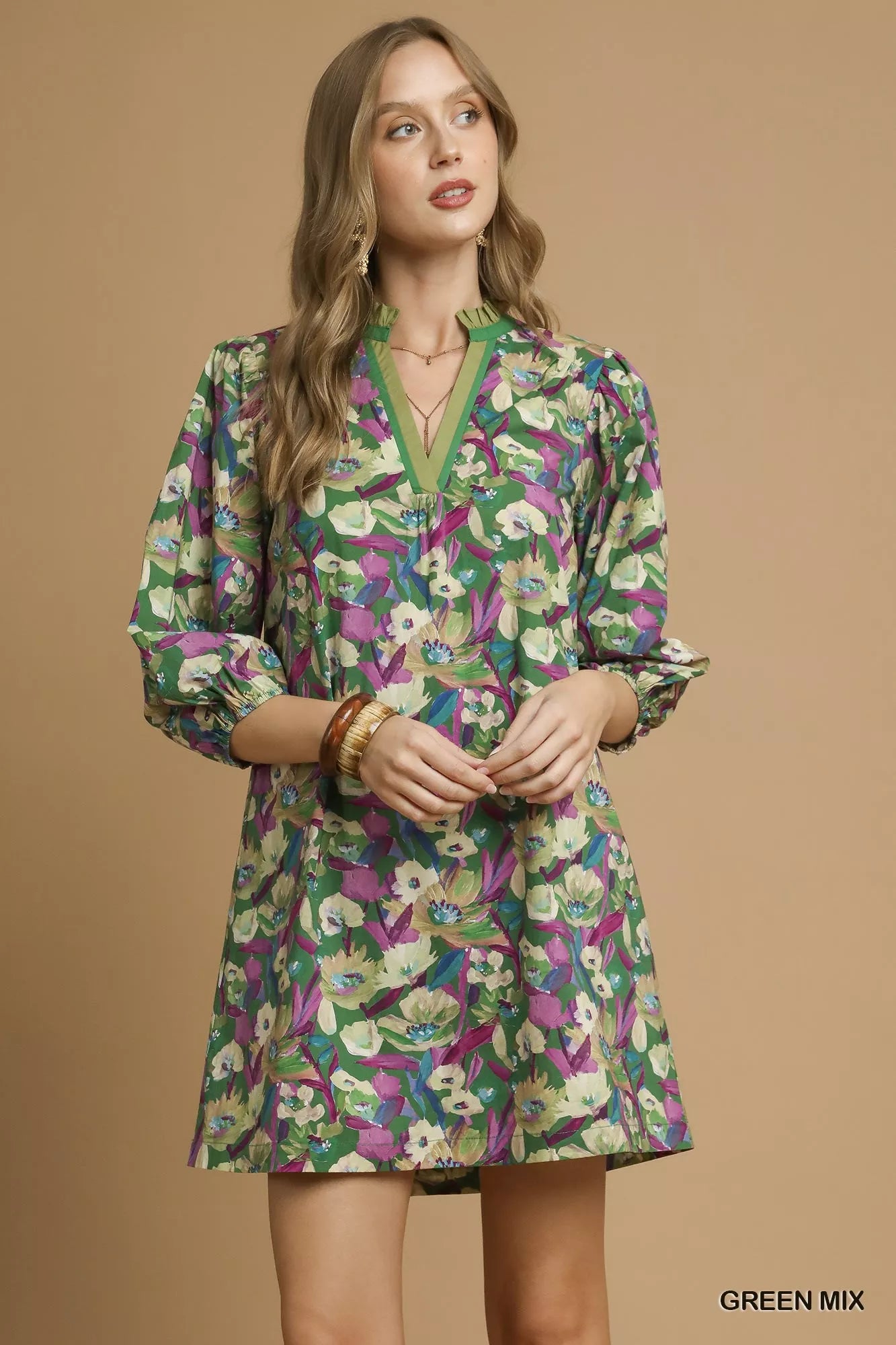 Umgee Boho Floral Balloon Sleeve Mini Dress Casual Shirt Style - NeoKira Unlimited
