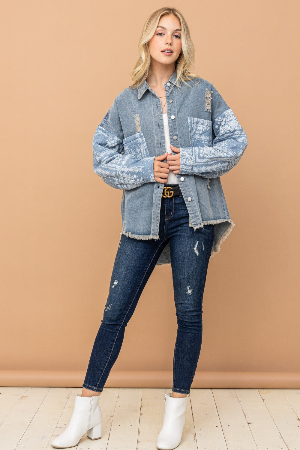 And The Why Full Size Paisley Print Quilted Sleeves Denim Jacket - NeoKira Unlimited