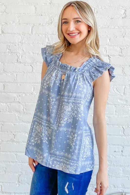 And The Why Boho Print Rayon Linen Ruffle Baby Doll Tank Top - NeoKira Unlimited