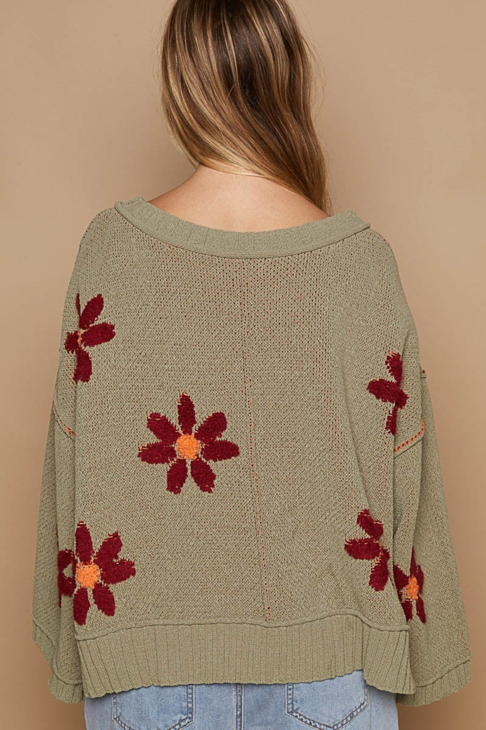 POL V-Neck Floral Pattern Chenille Sweater Sweater Trendsi   