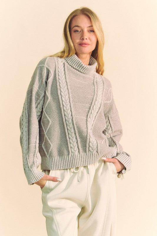 Davi & Dani Cable-Knit Turtleneck Dropped Shoulder Sweater - NeoKira Unlimited