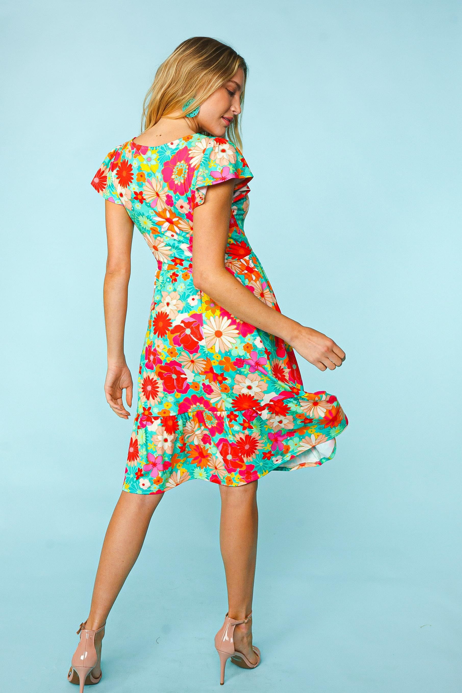 Haptics Floral Square Neck Short Sleeve Dress - NeoKira Unlimited