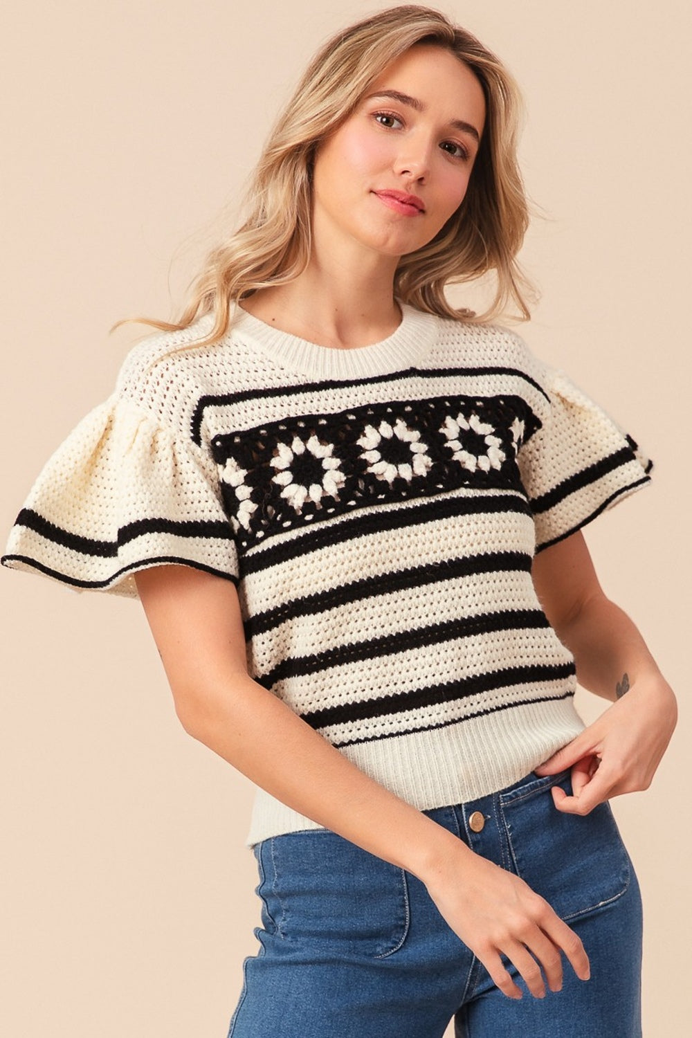 BiBi Granny Square Short Sleeve Striped Sweater Sweater Trendsi Ivory/Black S 