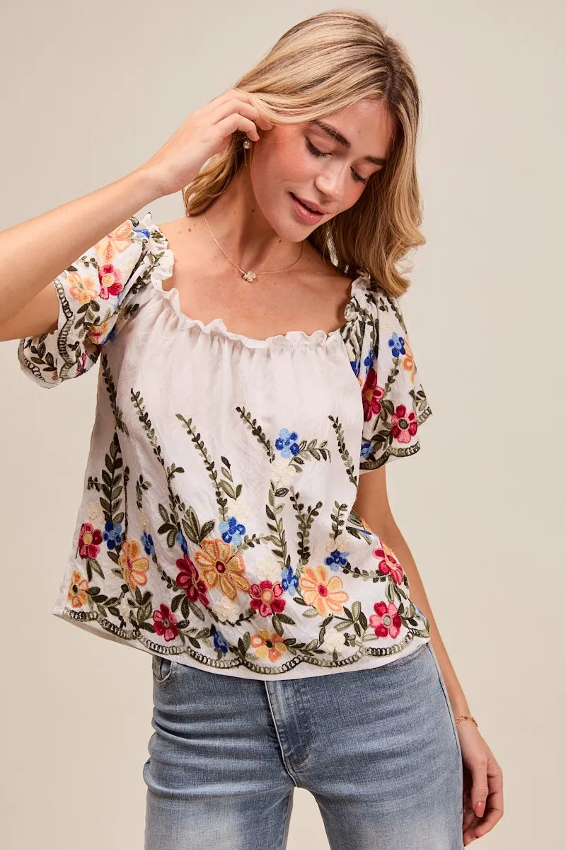 SO ME Floral Embroidered Off Shoulder Blouse With Ruffle Detail – Boho Chic - NeoKira Unlimited