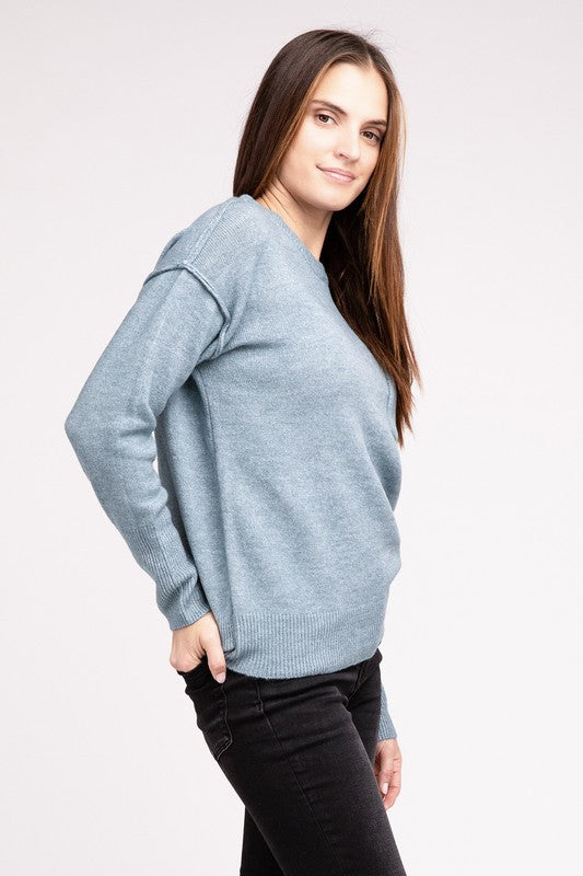 ZENANA Melange Hi-Low Hem Round Neck Sweater - NeoKira Unlimited