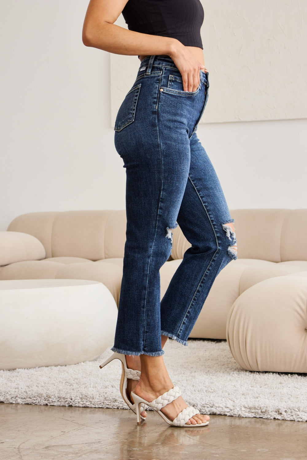 RFM Full Size Tummy Control Distressed High Waist Raw Hem Jeans - NeoKira Unlimited