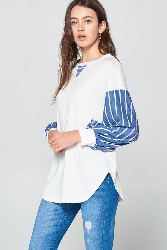 Super Lady Full Size French Terry Striped Long Sleeve Top - NeoKira Unlimited