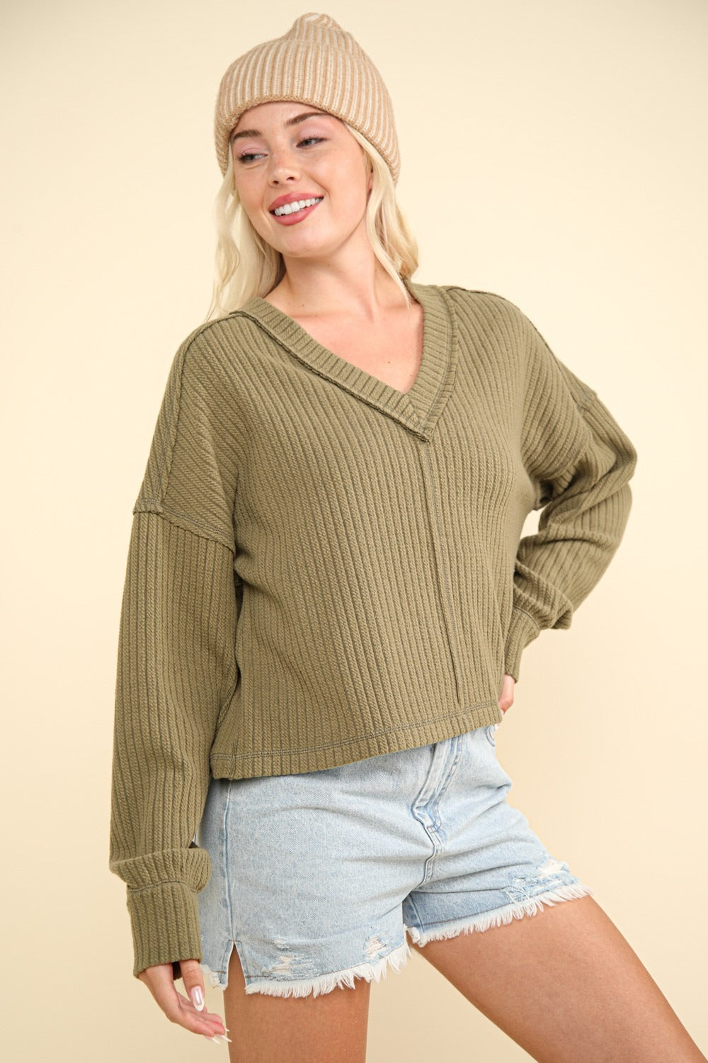 VERY J Exposed Seam V-Neck Ribbed Knit Top - NeoKira Unlimited