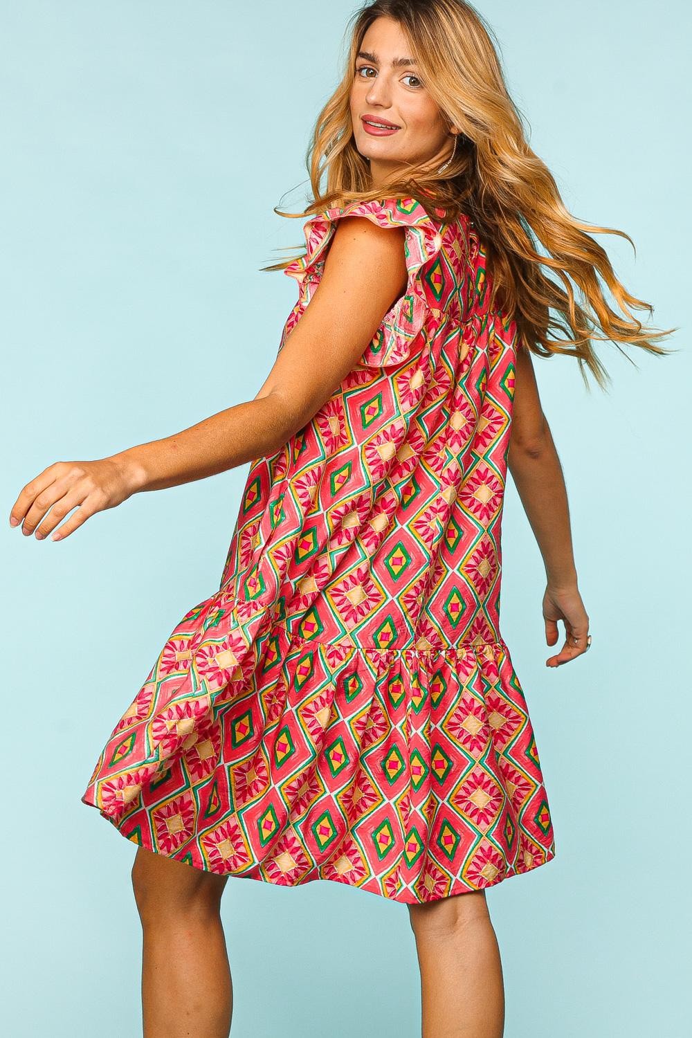Haptics Full Size Ruffled Printed Dress with Side Pockets - NeoKira Unlimited