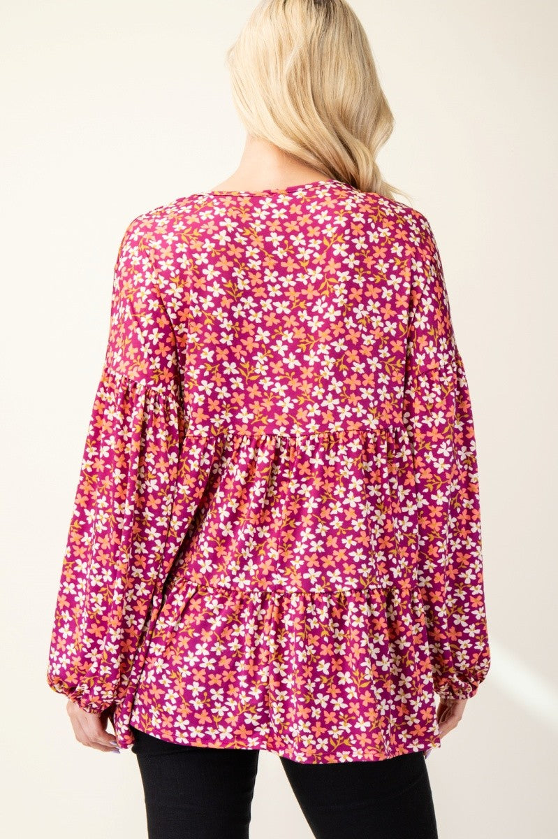 Blusa con escote en V y mangas abullonadas con estampado floral de tamaño completo Celeste