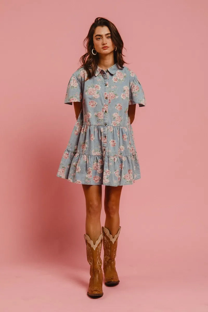 BiBi Vintage Style Blue Floral Washed Tiered Lightweight Mini Shirt Dress - NeoKira Unlimited