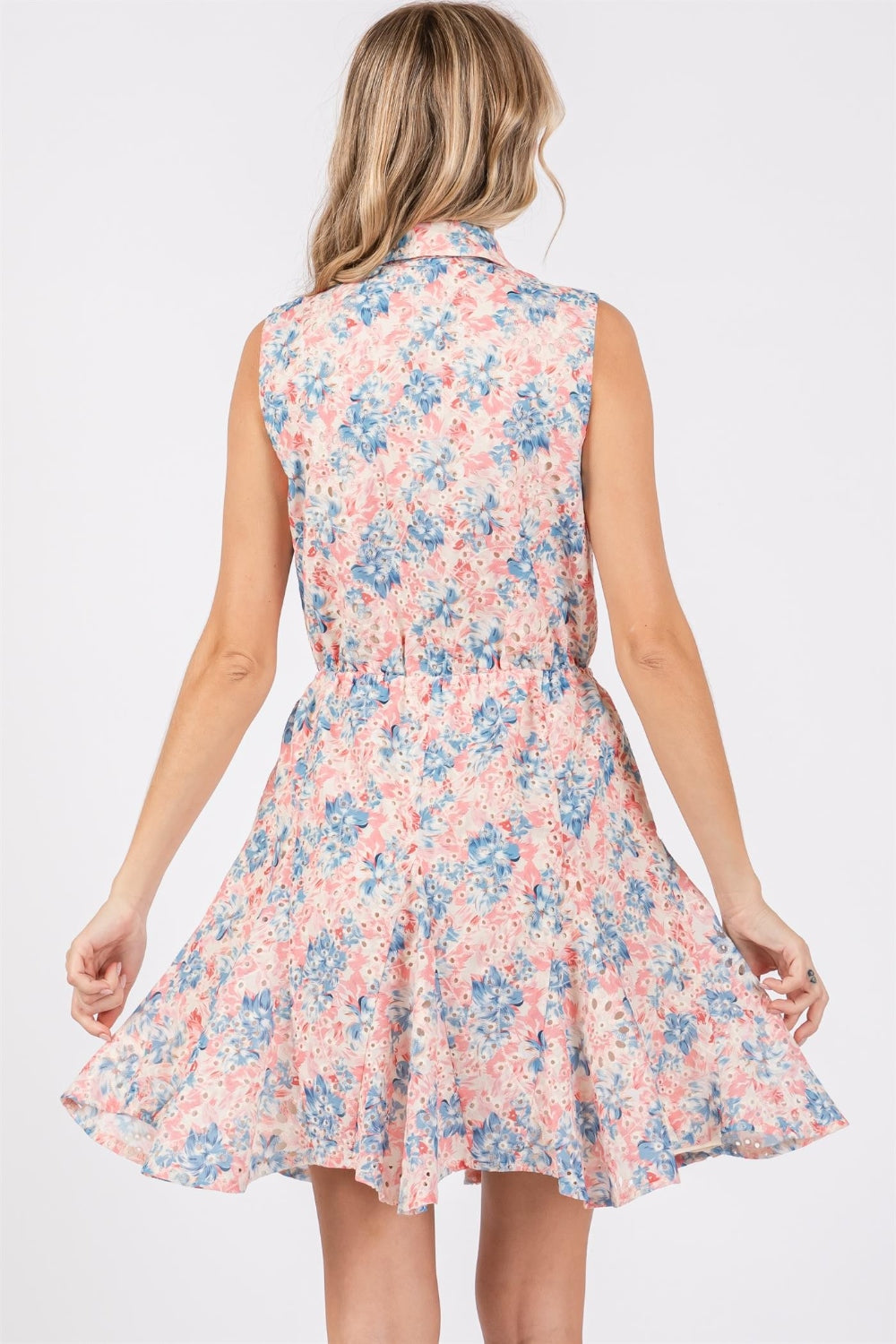 GeeGee Full Size Floral Eyelet Sleeveless Mini Dress - NeoKira Unlimited