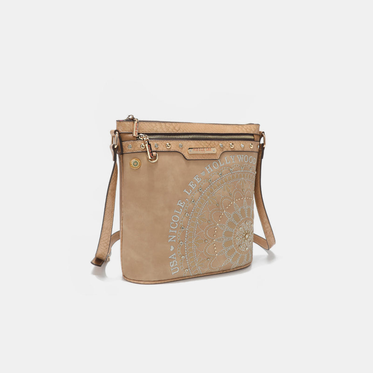 Nicole Lee USA Metallic Stitching Embroidery Inlaid Rhinestone Crossbody Bag Crossbody Bag Trendsi   