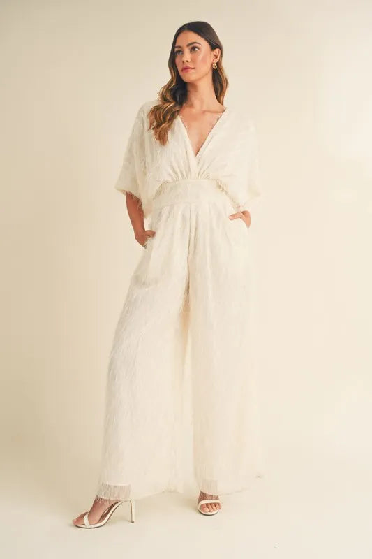 MABLE Fluffy Deep V Neck Wide Leg Jumpsuit - NeoKira Unlimited