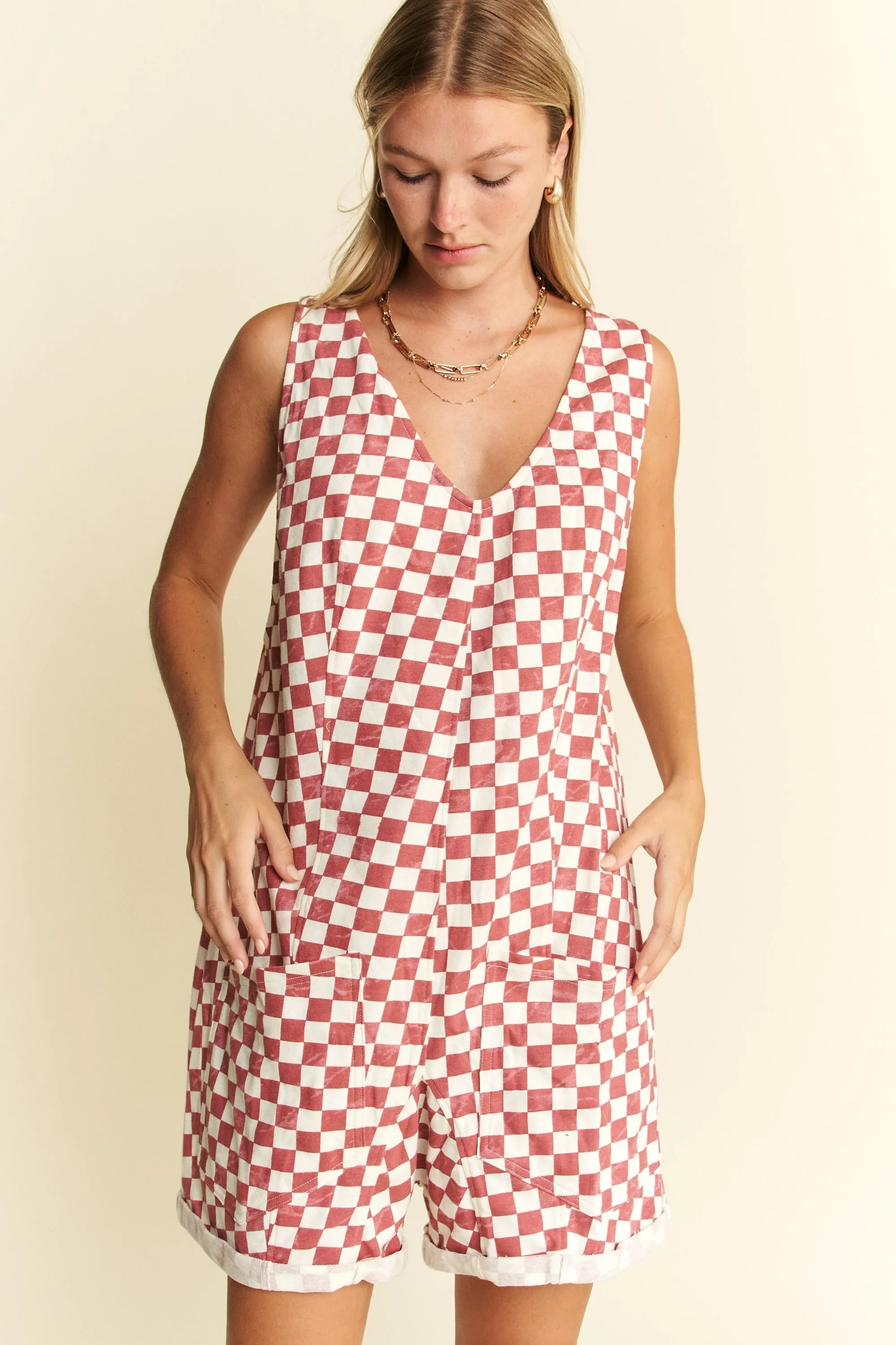 Jade By Jane Red White Checkerboard Print Sleeveless Romper – Plus Size - NeoKira Unlimited