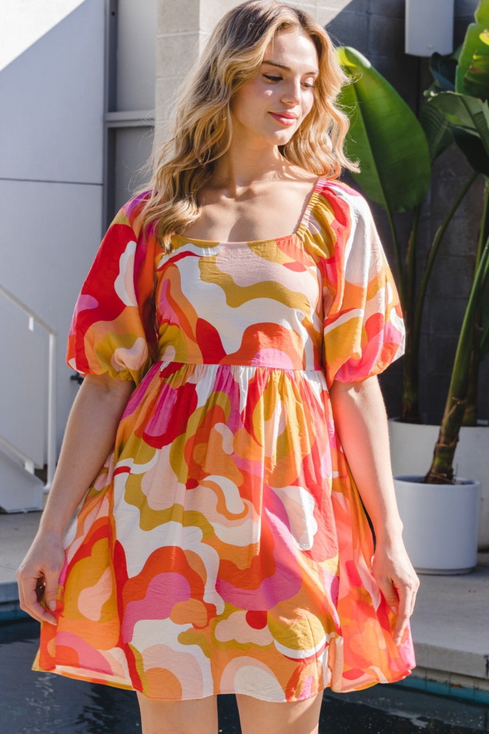 ODDI Full Size Printed Tied Back Short Sleeve Mini Dress - NeoKira Unlimited