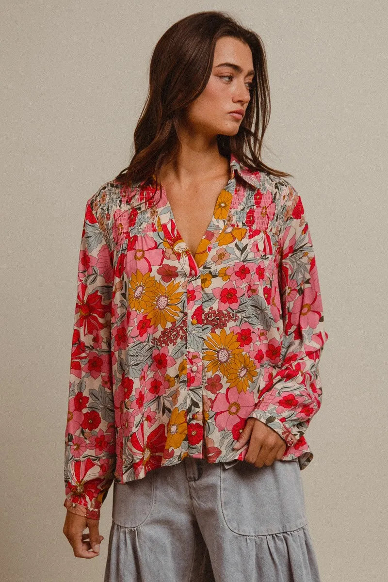 BiBi Tropical Floral Button-Up Blouse Vibrant Long Sleeve Relaxed Fit Top - NeoKira Unlimited