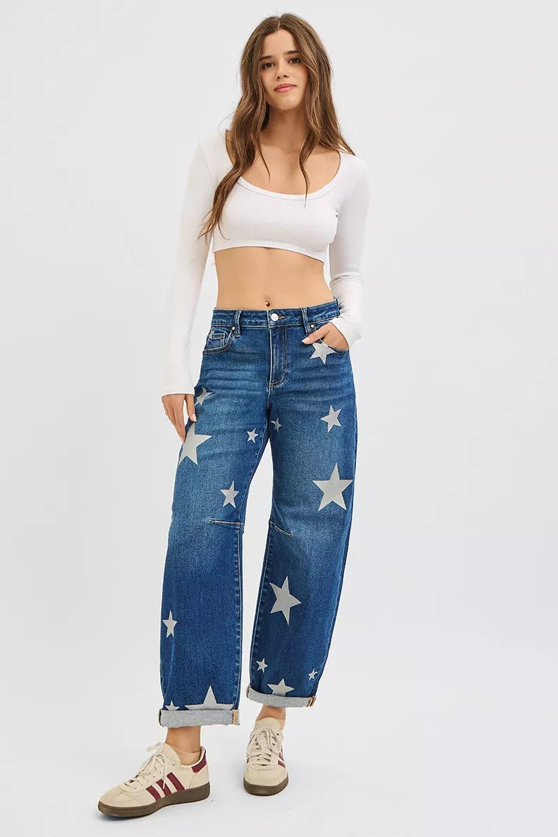 RISEN Mid Rise Ankle Length Relaxed Barrel Star Printed Jeans - NeoKira Unlimited