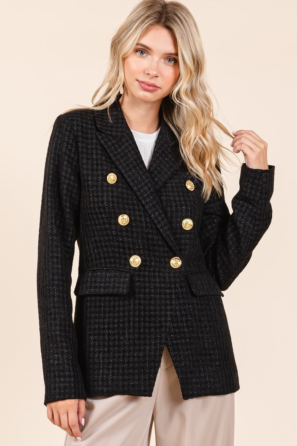 Mittoshop Plaid Texture Double-Breasted Long Sleeve Blazer - NeoKira Unlimited