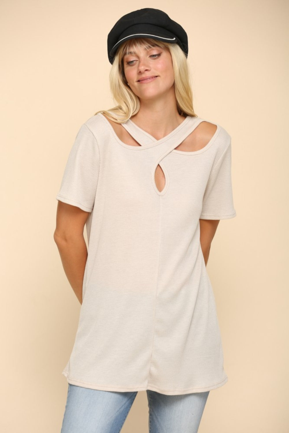 Celeste Full Size Crisscross Cutout Short Sleeve T-Shirt Top Trendsi   