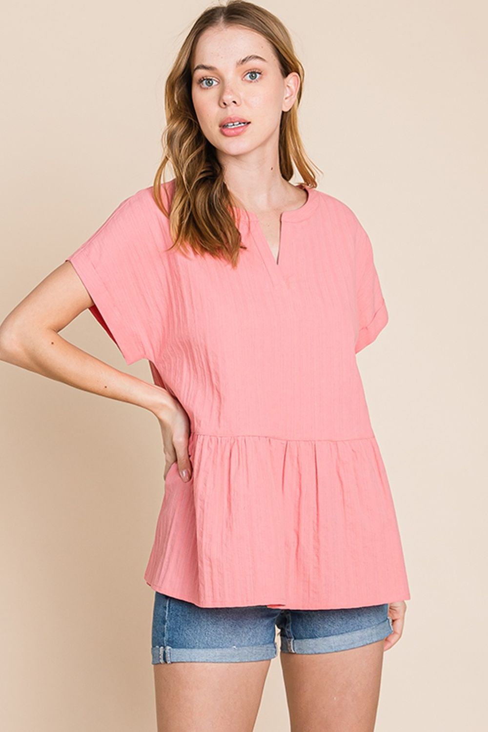 Cotton Bleu by Nu Label Notched Short Sleeve Peplum Top - NeoKira Unlimited