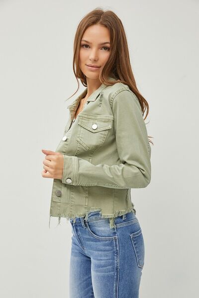 RISEN Full Size Raw Hem Button Up Cropped Denim Jacket Plus Size - NeoKira Unlimited
