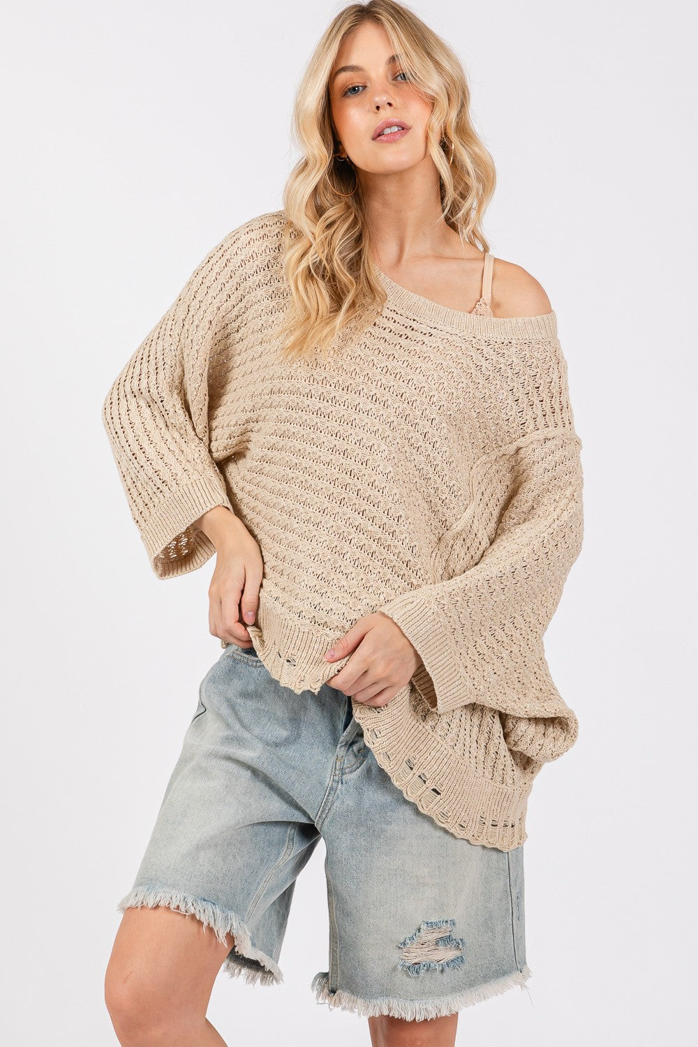 SAGE + FIG Distressed Asymmetrical Open Stitch Sweater - NeoKira Unlimited