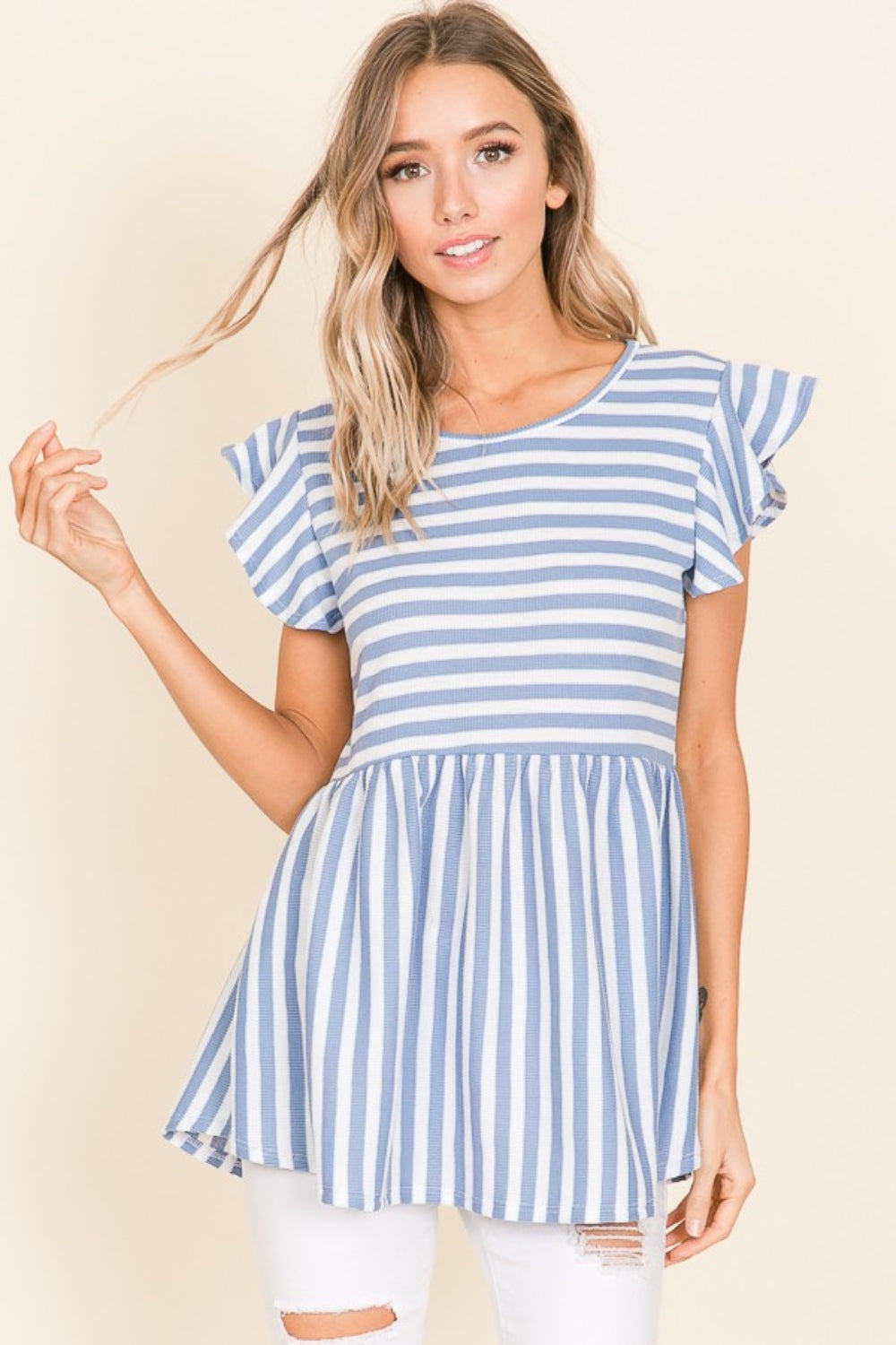 BOMBOM Striped Round Neck Blouse Blouse Trendsi Blue S 