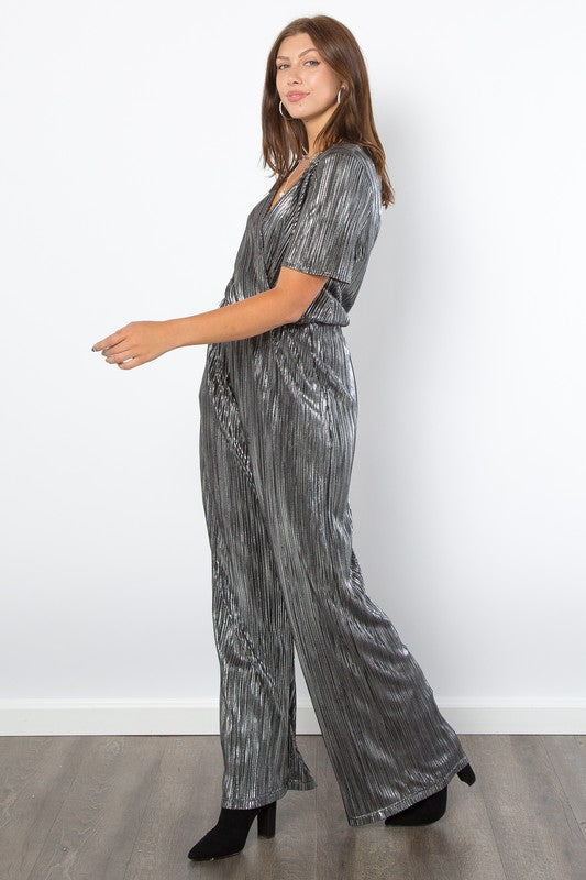 Be Stage Surplice Short Sleeve Pleated Foil Jumpsuit - NeoKira Unlimited