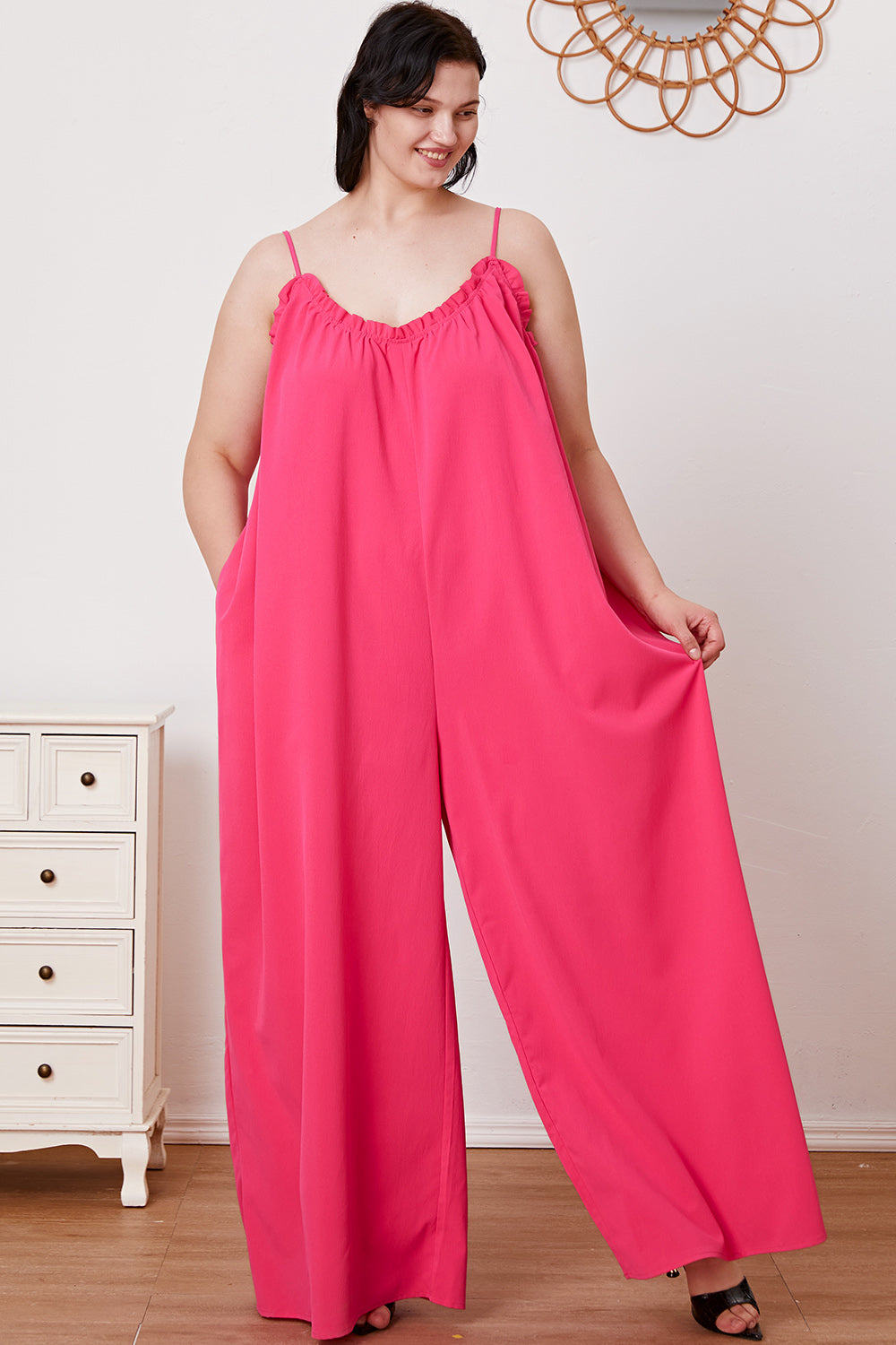 Double Take Full Size Ruffle Trim Tie Back Cami Jumpsuit with Pockets Jumpsuits Trendsi   