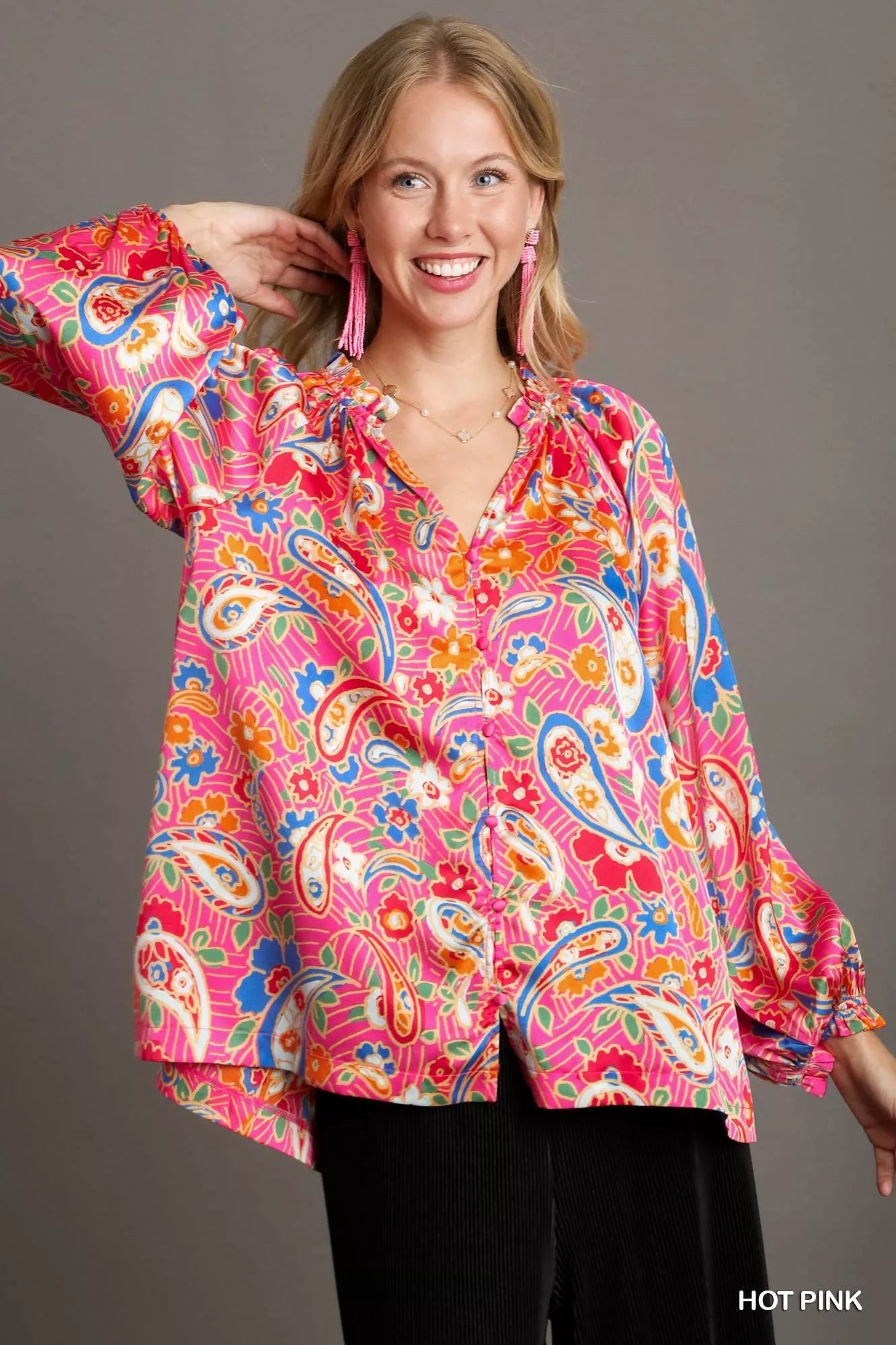 Umgee Boho Luxe Plus Size Satin Paisley Ruffle Neck Button Up Shirt - NeoKira Unlimited