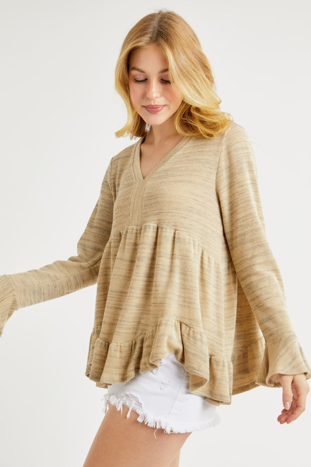 Hailey & Co V-Neck Flounce Sleeve Knit Top - NeoKira Unlimited