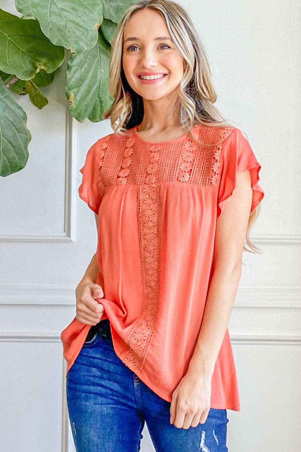 And The Why Lace Detail Ruffle Short Sleeve Blouse  Trendsi   