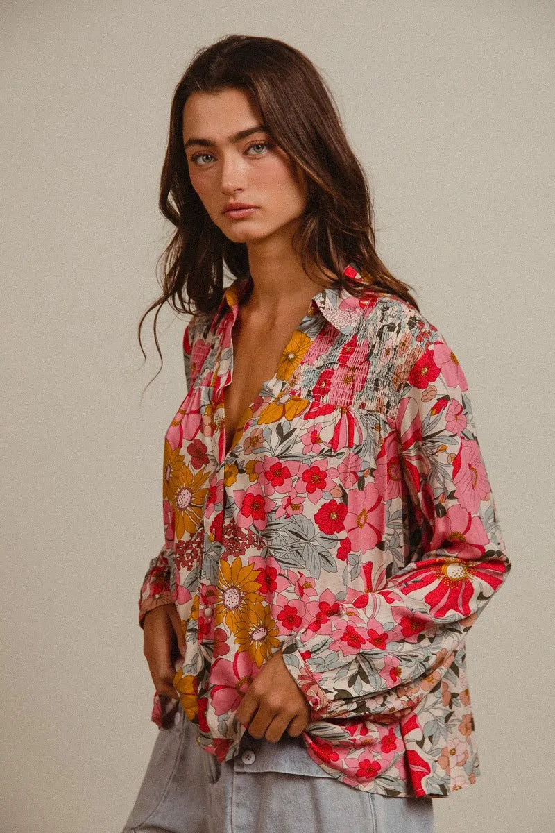 BiBi Tropical Floral Button-Up Blouse Vibrant Long Sleeve Relaxed Fit Top - NeoKira Unlimited