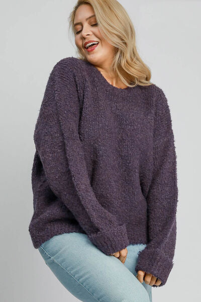 Umgee Full Size Round Neck Long Sleeve Boucle Sweater Plus Size - NeoKira Unlimited