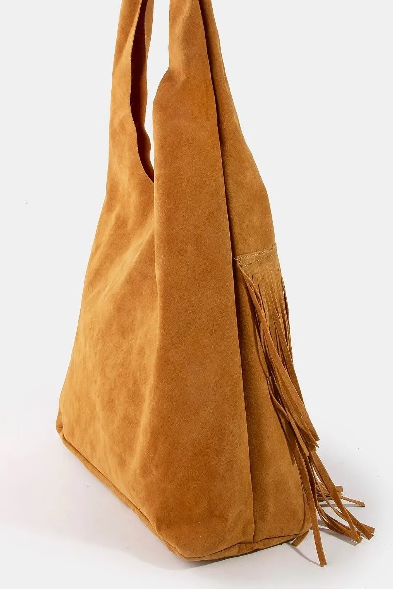 Boho Chic Layered Fringe Detail Suede Caramel Brown Hobo Bag - NeoKira Unlimited