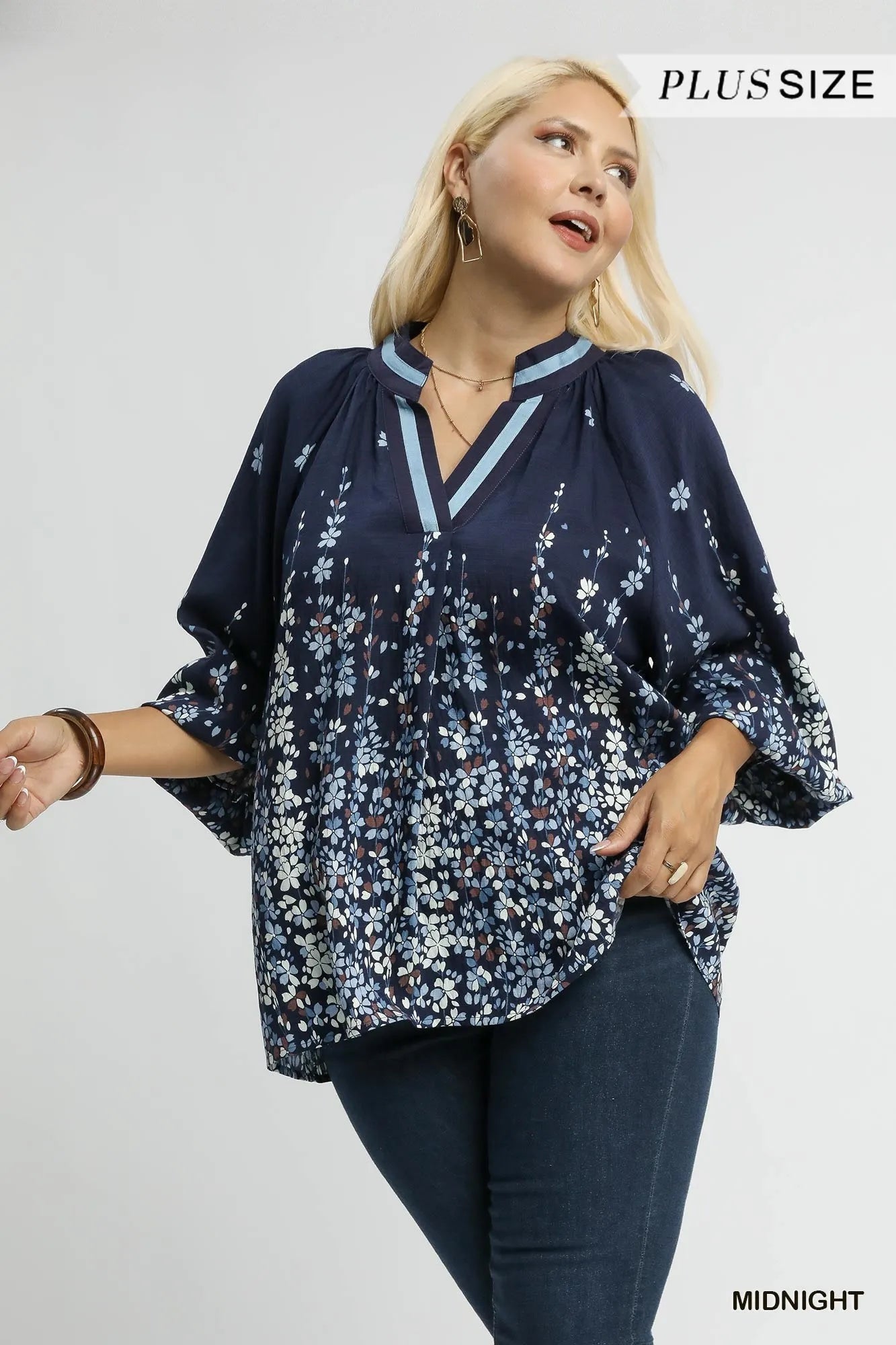 Umgee Floral Vine Print Blouse with Balloon Sleeves – Plus Size Boho Chic - NeoKira Unlimited