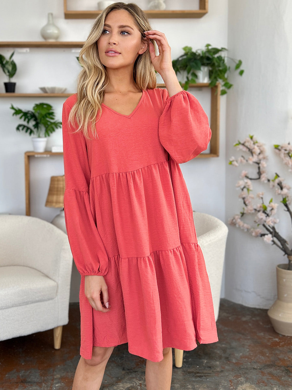 Double Take Full Size V-Neck Balloon Sleeve Tiered Dress Mini Dress Trendsi   