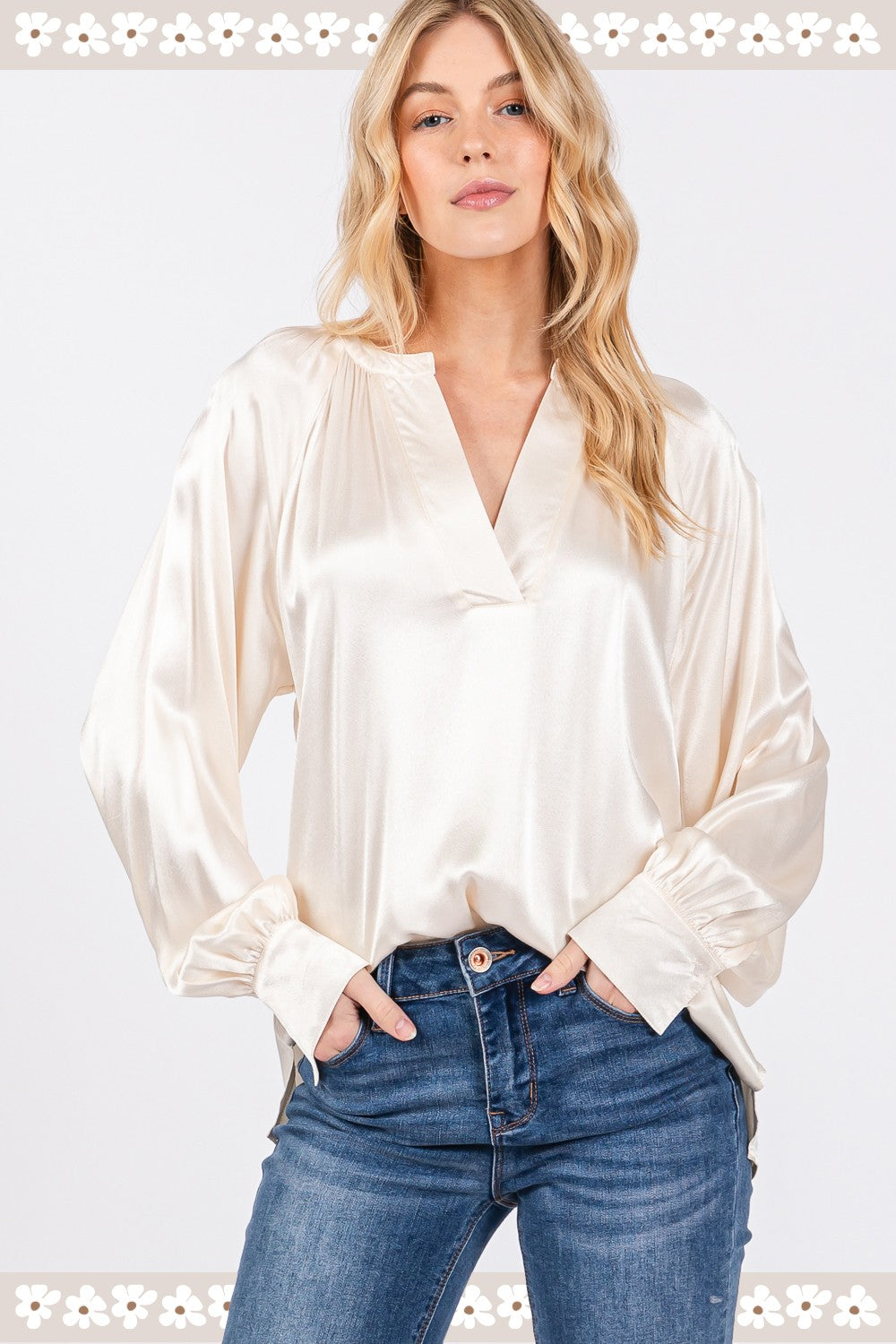 SAGE + FIG Notched Long Sleeve Blouse Blouse Trendsi   