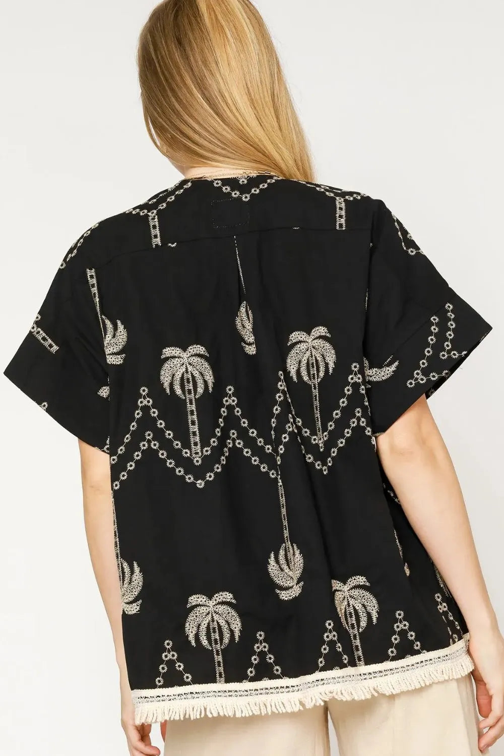 Umgee Black Embroidered Palm Tree Fringe Kimono Breezy Boho Elegance - NeoKira Unlimited