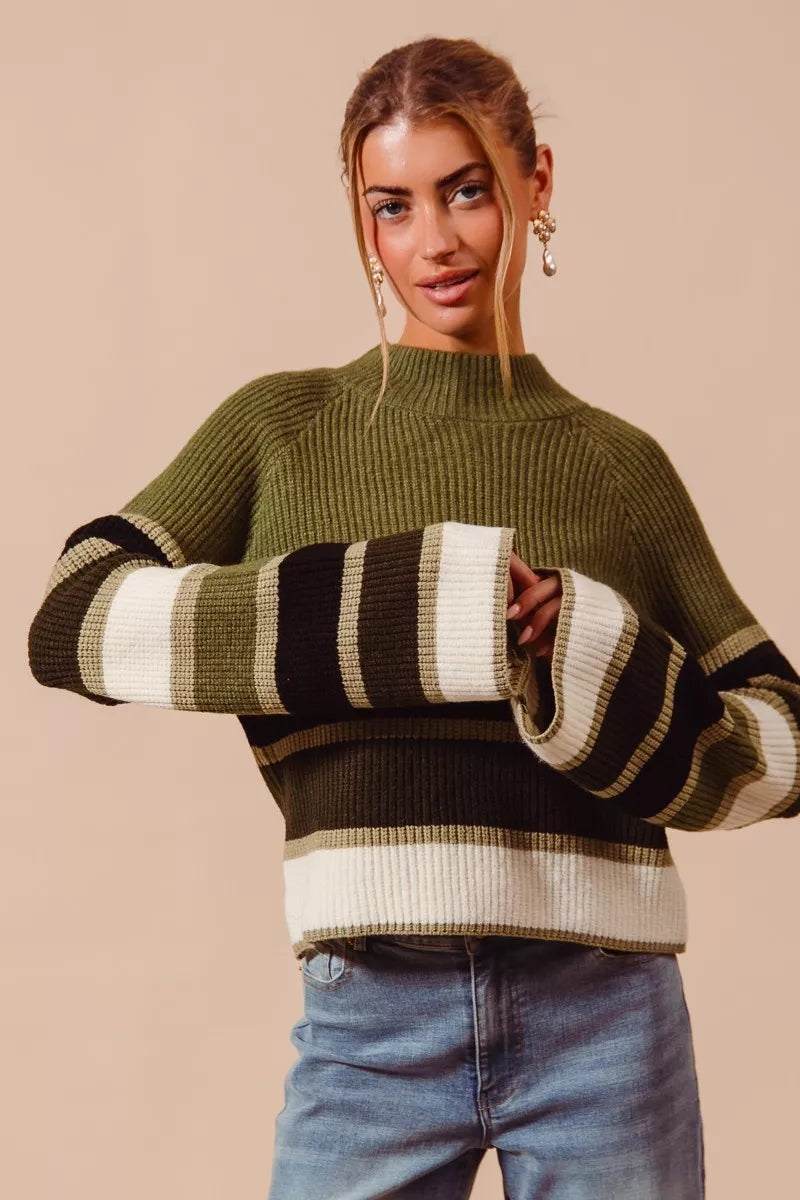 SO ME Playful Retro Multi Color Striped Mock Neck Sweater - NeoKira Unlimited