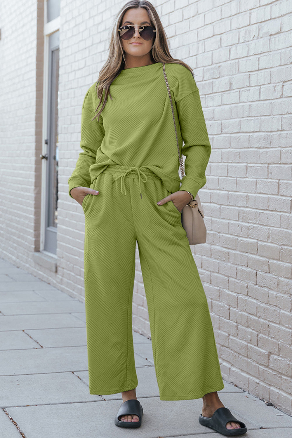 Double Take Full Size Textured Long Sleeve Top and Drawstring Pants Set Pants Set Trendsi Chartreuse L 