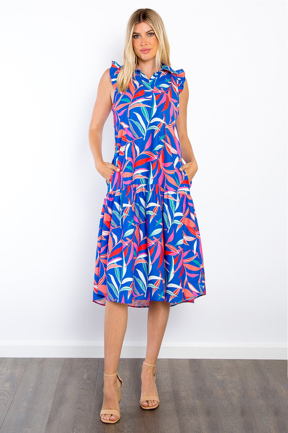 Be Stage Print Ruffled Midi Dress with Pockets Midi Dress Trendsi Royal Blue S 