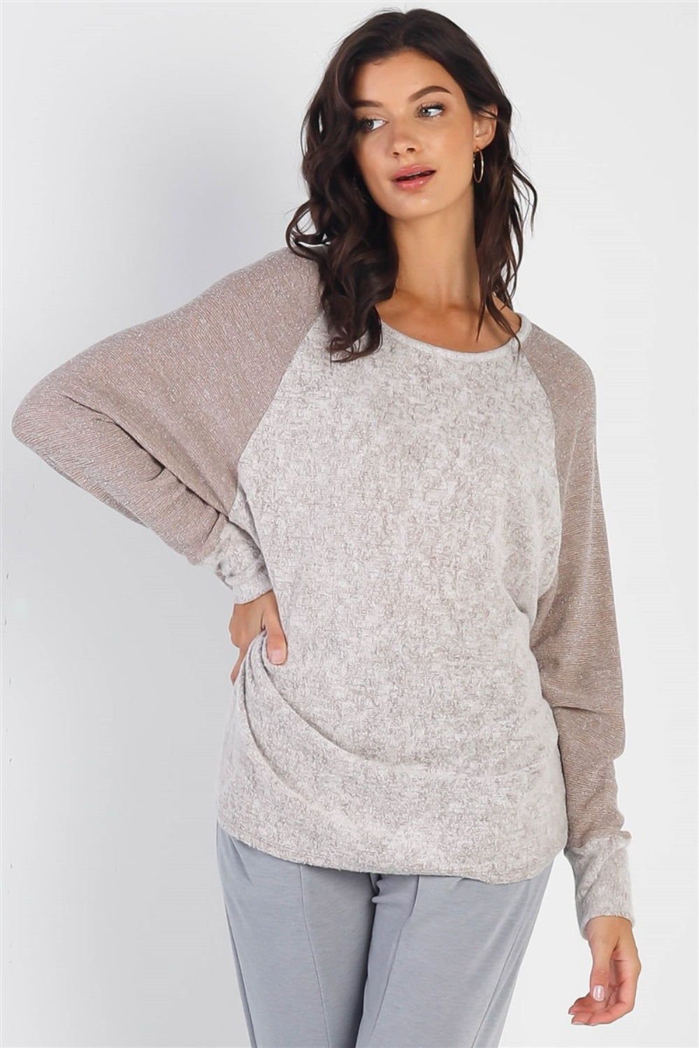 Cherish Apparel Round Neck Long Sleeve Contrast Top Top Trendsi Taupe S 