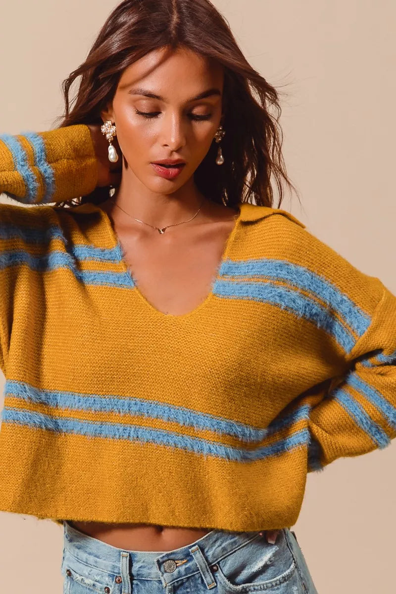 SO ME Fuzzy Hairy Stripe Deep U Neck Oversized Sweater - NeoKira Unlimited