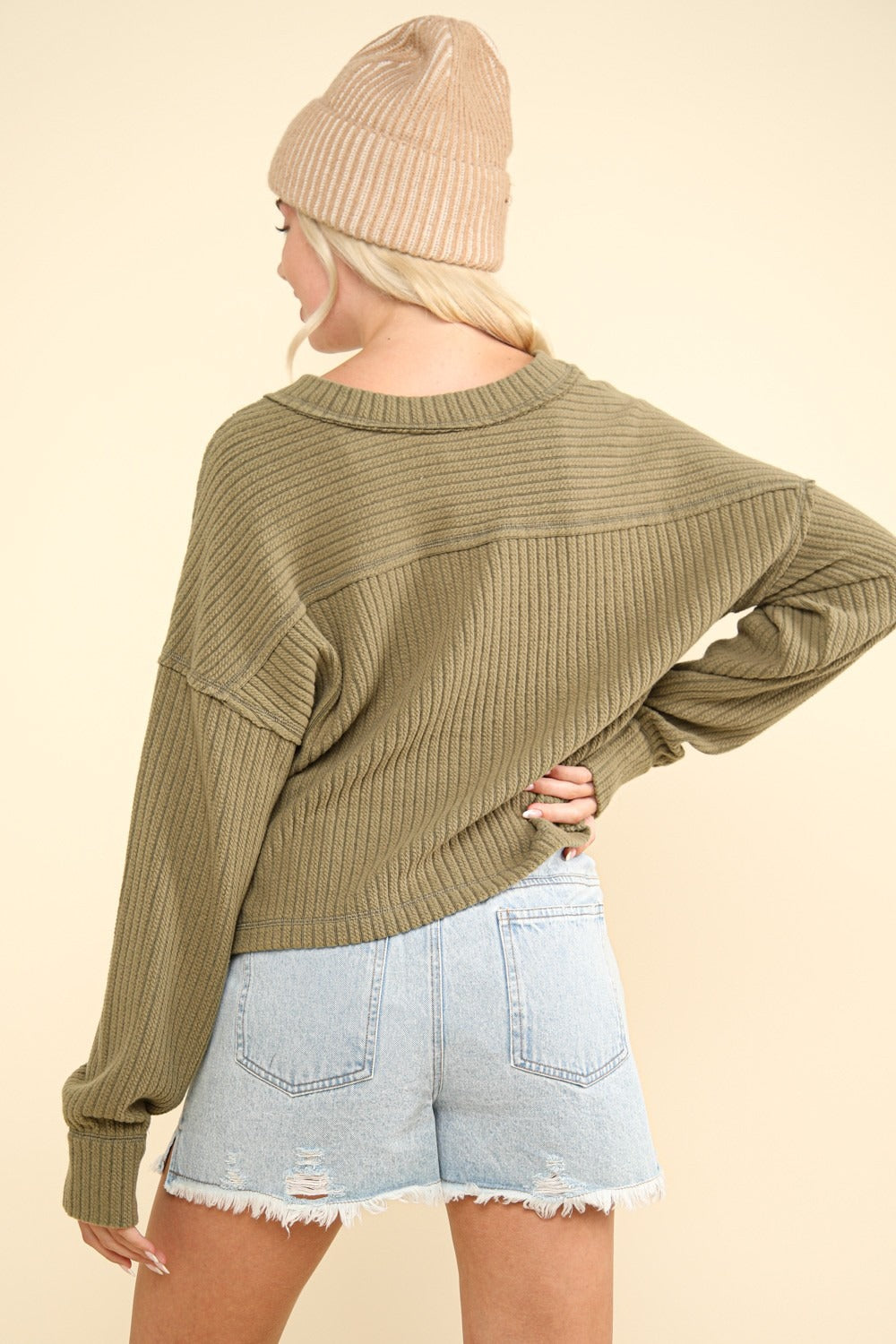 VERY J Exposed Seam V-Neck Ribbed Knit Top - NeoKira Unlimited