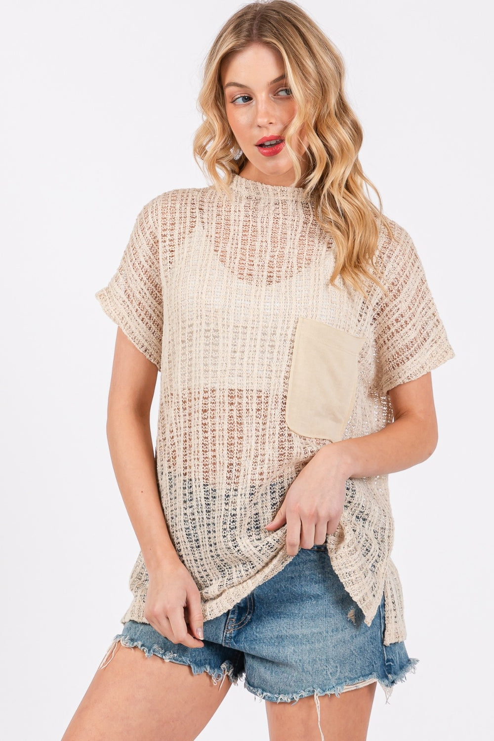 Ces Femme See Through Crochet Mock Neck Cover Up Cover Up Trendsi Oatmeal S 